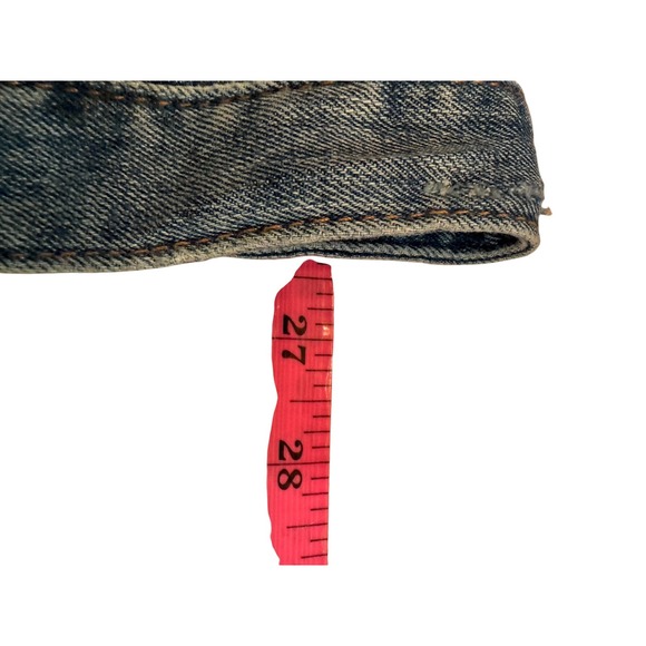 Express Jeans Blue Distressed Long Denim Jacket Red Rose Floral Embroidery Small - Picture 9 of 9